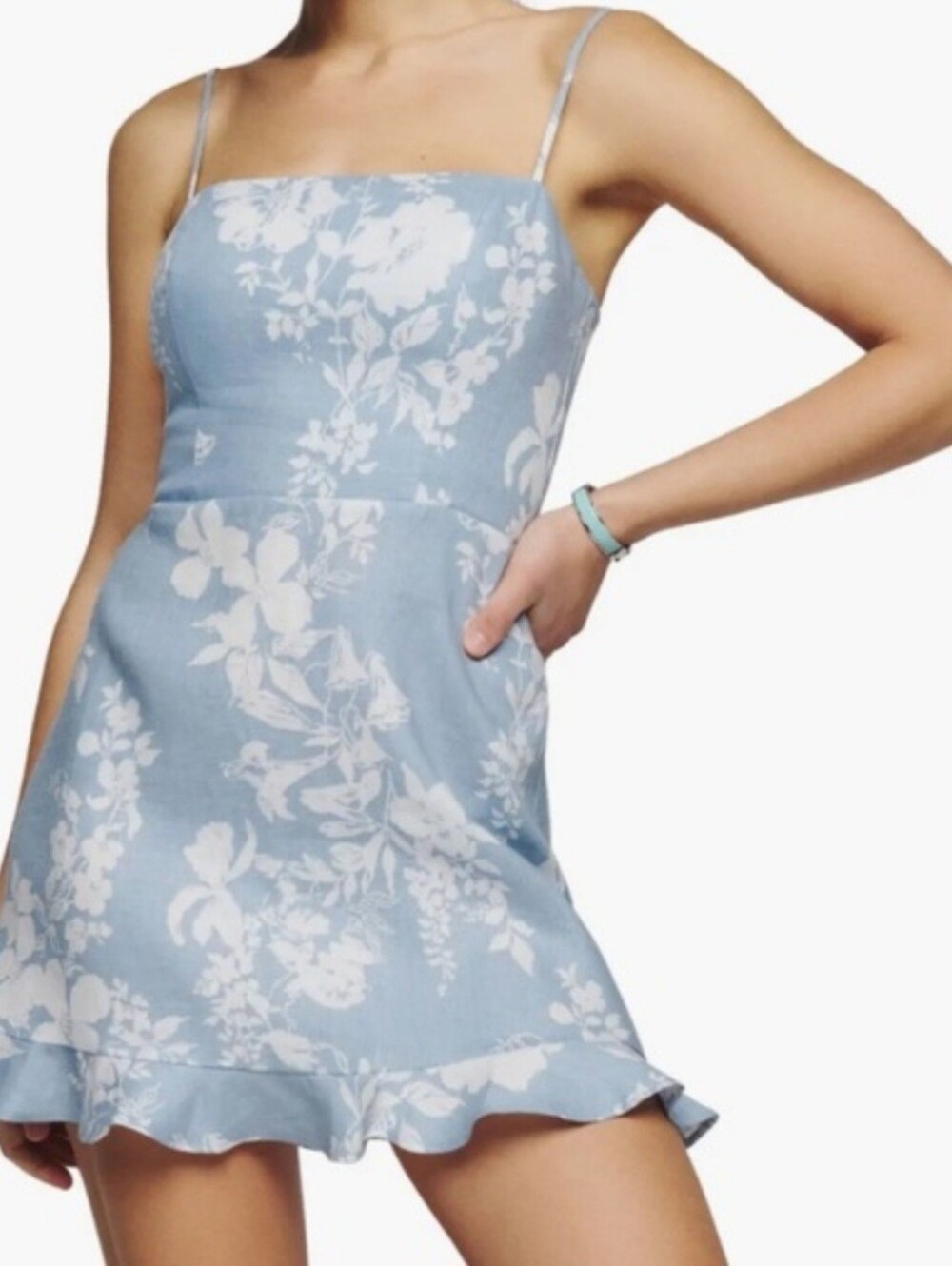 Reformation Kiernan Powder Blue Linen Floral Ruffle-Hem Mini Dress. Size 12